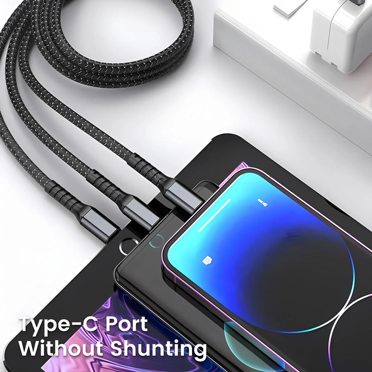 100W 3 in 1 Nylon Braided Fast Charging Cable in use lifestyle photo
