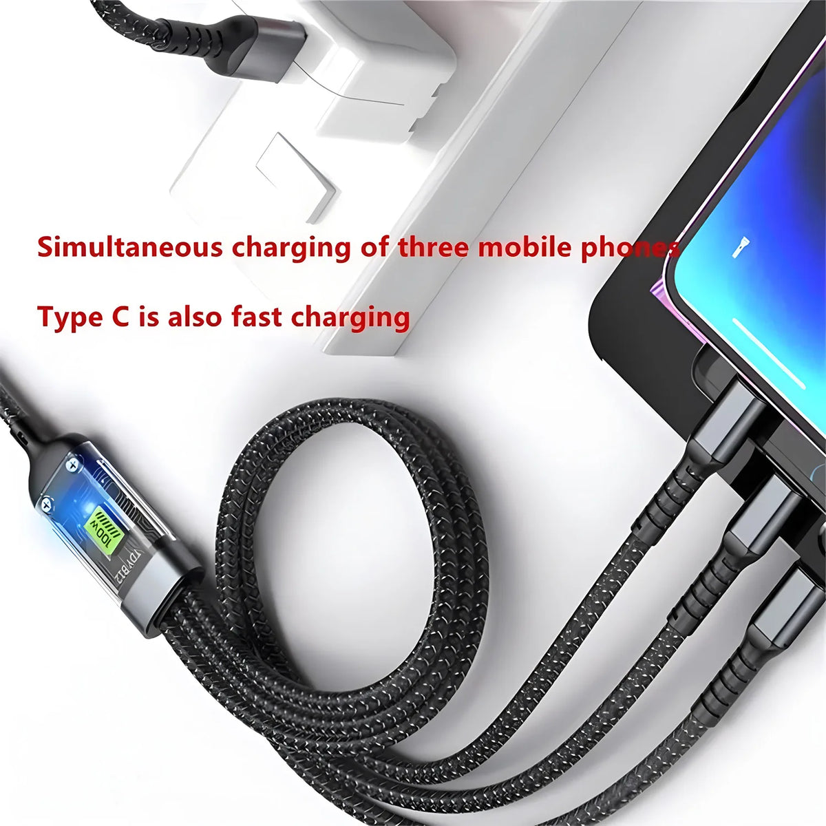 100W 3 in 1 Nylon Braided Fast Charging Cable additional angle and features